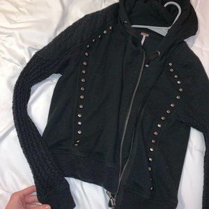 Amazing free people black jacket unique quilted sleeves and hood! Studded  Great